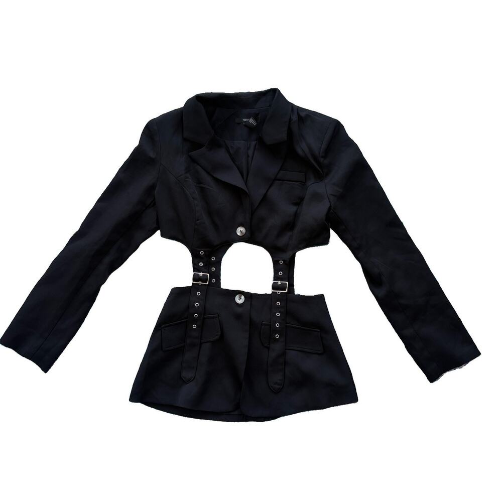 F21 Black Punk Rock Cutout Silver Buckle Blazer Women’s Size Small